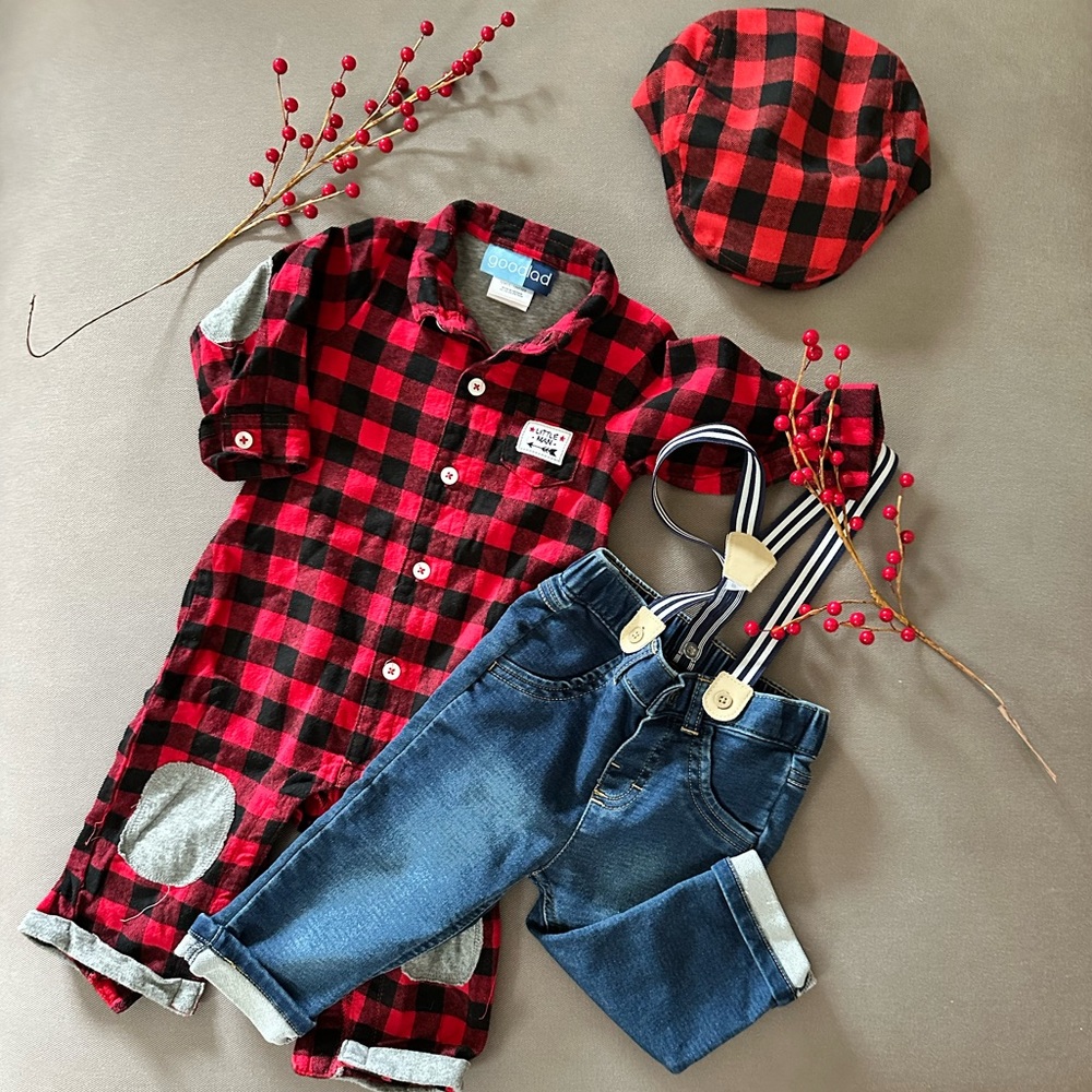 12m Buffalo plaid baby romper, matching newsboy hat, 6-9m suspender jeans cute!!